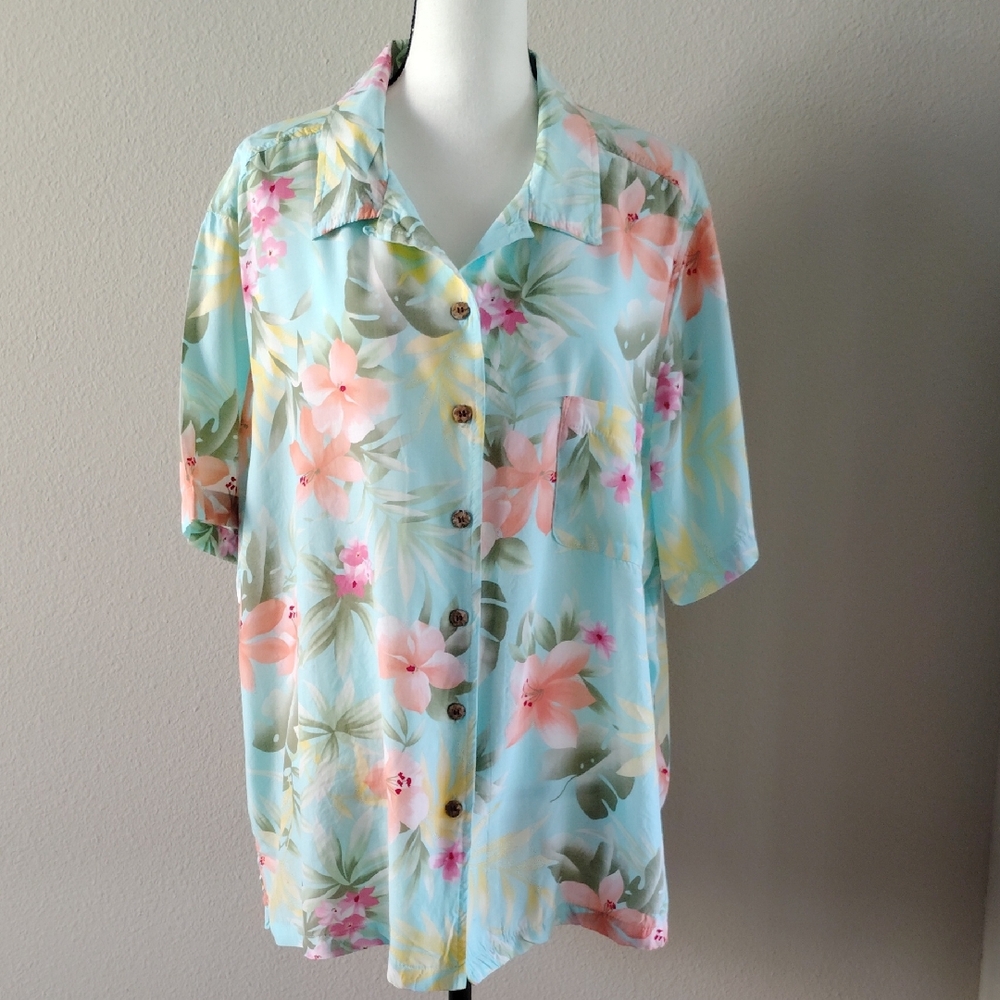 Dress Barn Tropical Floral Short Sleeve Button Up Blouse - 3X